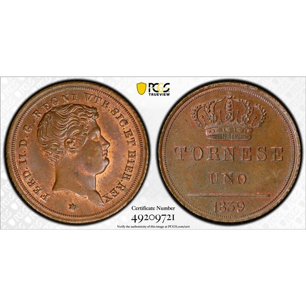 ITALY: NAPLES & SICILY: Ferdinando II, 1830-1859, AE 1/2 tornese, 1839, PCGS MS63 RB