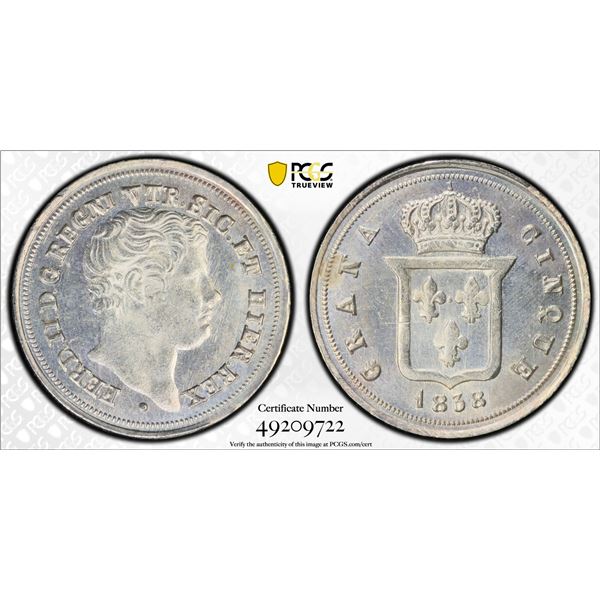 ITALY: NAPLES & SICILY: Ferdinando II, 1830-1859, AR 5 grana, 1838, PCGS MS63