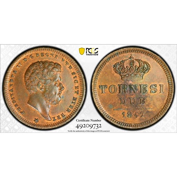 ITALY: NAPLES & SICILY: Ferdinando II, 1830-1859, AE 2 tornesi, 1842, PCGS MS63 BN