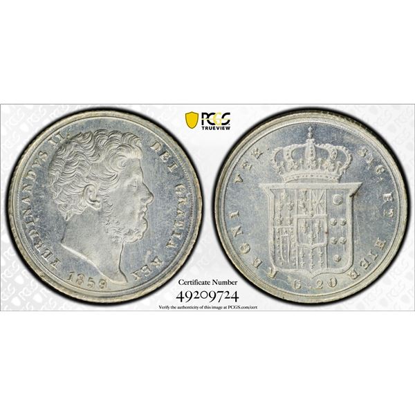 ITALY: NAPLES & SICILY: Ferdinando II, 1830-1859, AR 20 grana, 1859/8, PCGS MS64