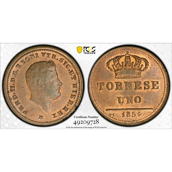 ITALY: NAPLES & SICILY: Ferdinando II, 1830-1859, AE tornese, 1854, PCGS MS63 RB