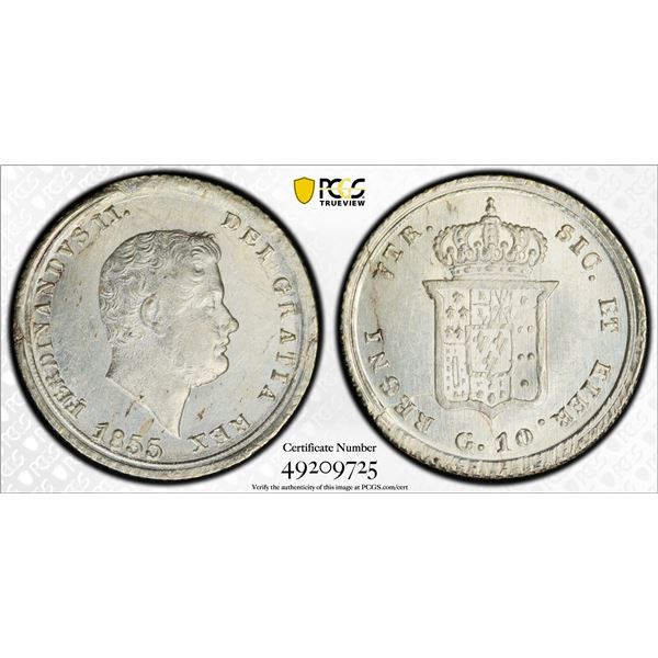 ITALY: NAPLES & SICILY: Ferdinando II, 1830-1859, AR 10 grana, 1855, PCGS MS62