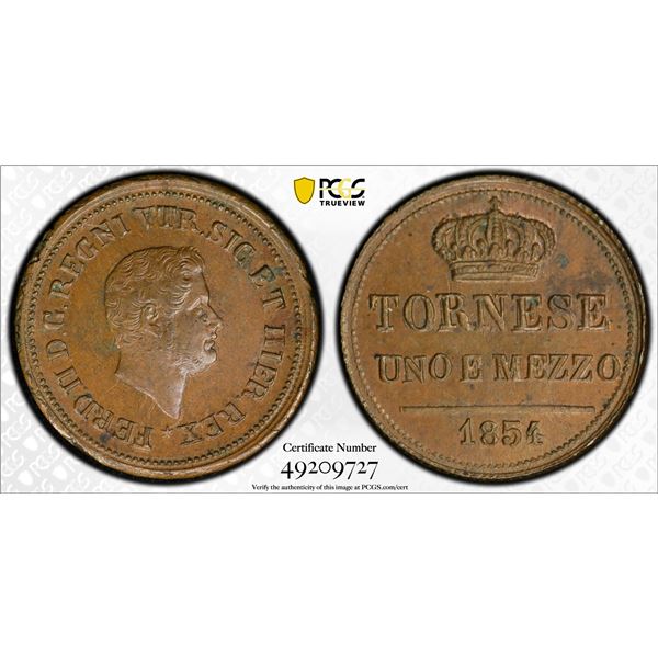 ITALY: NAPLES & SICILY: Ferdinando II, 1830-1859, AE 1½ tornesi, 1854, PCGS MS63 BN