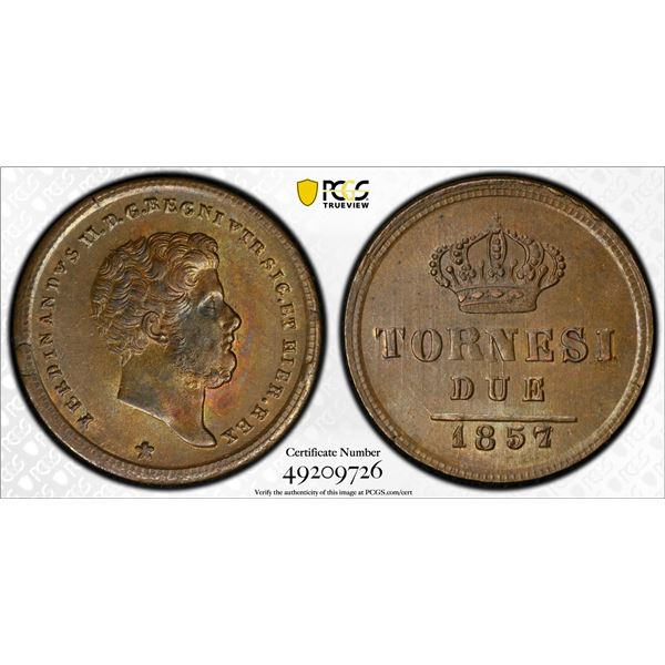 ITALY: NAPLES & SICILY: Ferdinando II, 1830-1859, AE 2 tornesi, 1857, PCGS MS64 BN