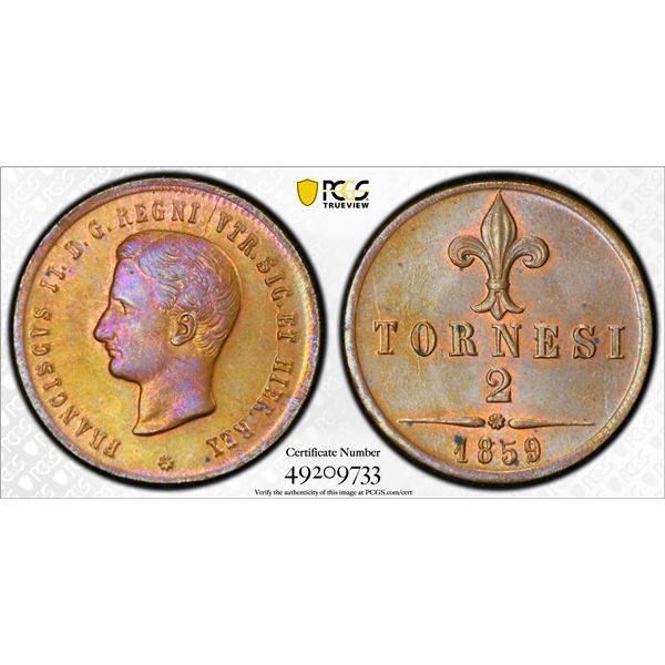 ITALY: NAPLES & SICILY: Francesco II, 1859-1861, AE 2 tornesi, 1859, PCGS MS64 BN