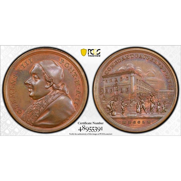 ITALY: PAPAL STATES: Clement XIII, 1758-1769, AE medal, 1760, PCGS MS64 BN