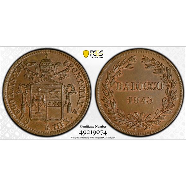 ITALY: PAPAL STATES: Gregorio XVI, 1831-1846, AE baiocco, 1843-R year XIII, PCGS MS63 BN