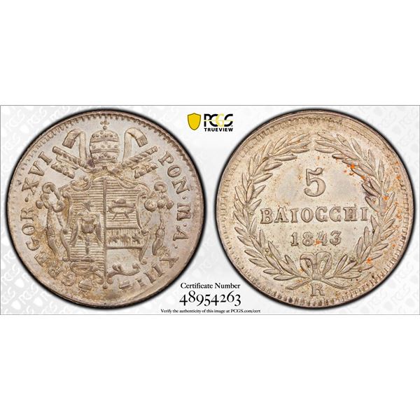 ITALY: PAPAL STATES: Gregorio XVI, 1831-1846, AR 5 baiocchi, 1843, PCGS MS63