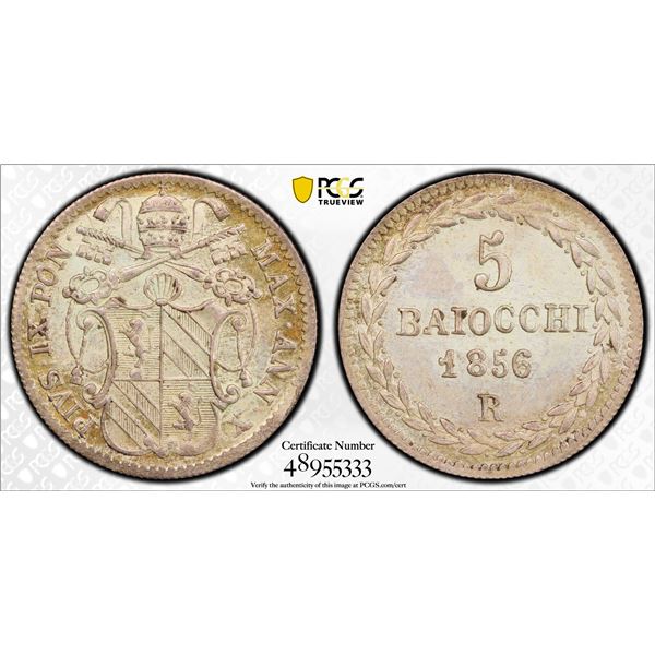 ITALY: PAPAL STATES: Pius IX, 1846-1878, AR 5 baiocchi, 1856-R year X, PCGS MS63