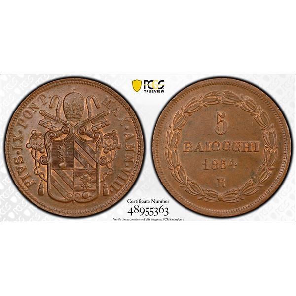 ITALY: PAPAL STATES: Pius IX, 1846-1878, AE 5 baiocchi, 1854-R year VIII, PCGS MS63 BN