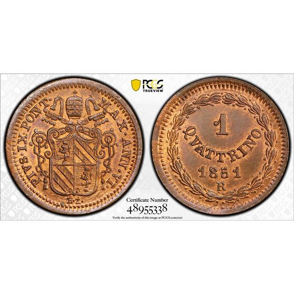 ITALY: PAPAL STATES: Pius IX, 1846-1878, AE quattrino, 1851-R year VI, PCGS MS64 RB