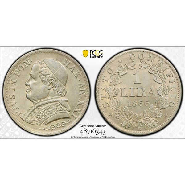 ITALY: PAPAL STATES: Pius IX, 1846-1878, AR lira, 1866 year XXI-R, PCGS MS62
