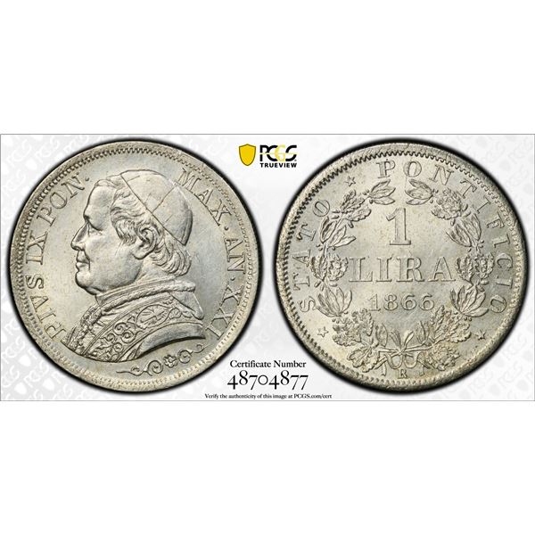 ITALY: PAPAL STATES: Pius IX, 1846-1878, AR lira, 1866 year XXI-R, PCGS UNC details