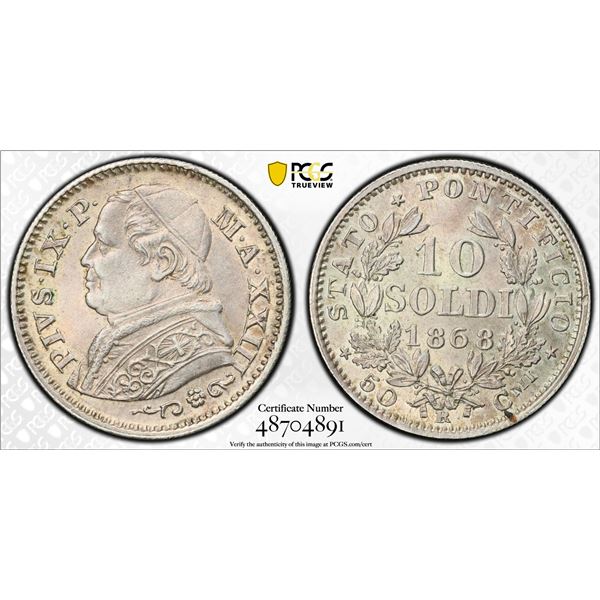 ITALY: PAPAL STATES: Pius IX, 1846-1878, AR lira, Rome, 1866 year XXI-R, PCGS MS63