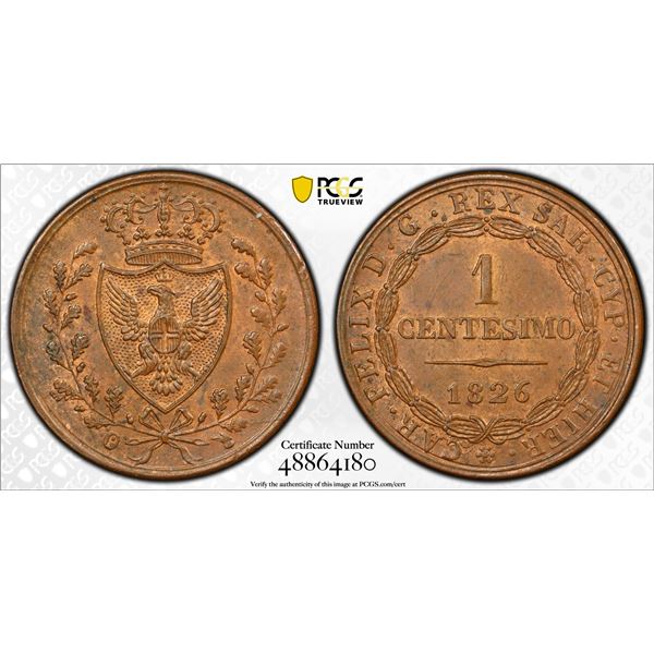 ITALY: SARDINIA: Carlo Felice, 1821-1831, AE centesimo, 1826, PCGS MS64 RB