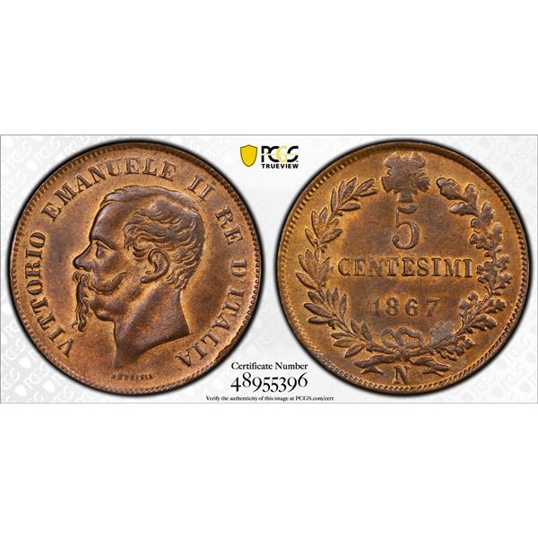 ITALY: Vittorio Emanuele II, 1861-1878, AE 5 centesimi, 1867-N, PCGS MS64 RB