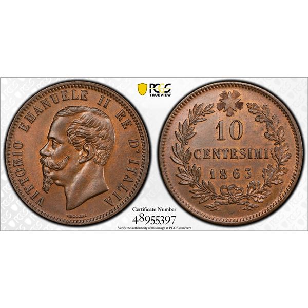 ITALY: Vittorio Emanuele II, 1861-1878, AE 10 centesimi, 1863, PCGS MS64 BN