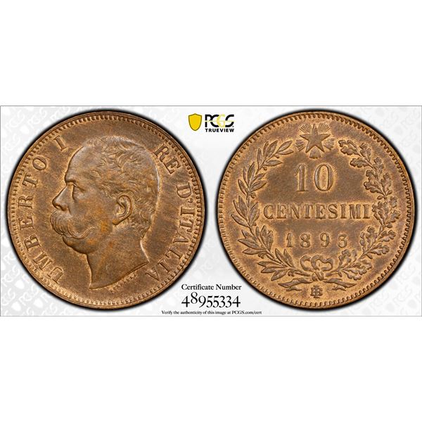 ITALY: Umberto I, 1878-1900, AE 10 centesimi, 1893-BI, PCGS MS62 BN