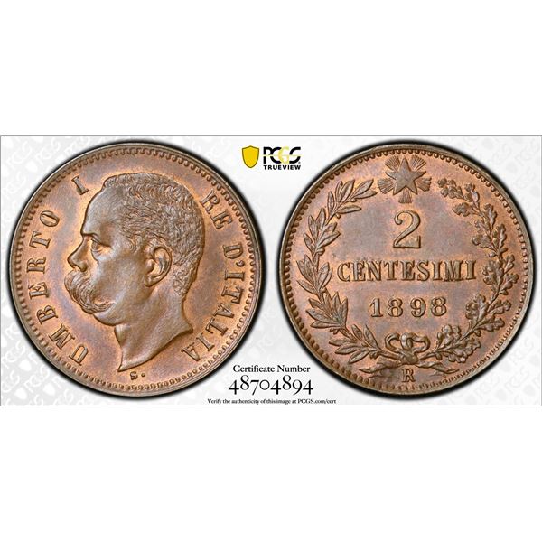 ITALY: Umberto I, 1878-1900, AE 2 centesimi, 1898-R, PCGS MS63 BN