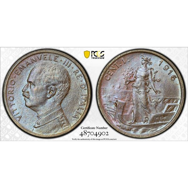 ITALY: Vittorio Emanuele III, 1900-1946, AE centesimo, 1916-R, PCGS MS64 BN