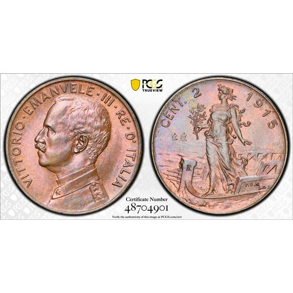 ITALY: Vittorio Emanuele III, 1900-1946, AE 2 centesimi, 1915-R, PCGS MS65 RB