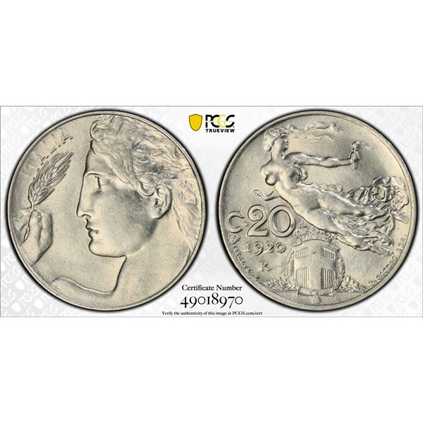 ITALY: Vittorio Emanuele III, 1900-1946, 20 centesimi, 1920-R, PCGS MS62