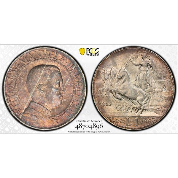 ITALY: Vittorio Emanuele III, 1900-1946, AR lira, 1913-R, PCGS MS65