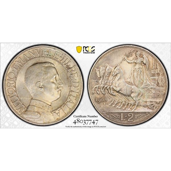 ITALY: Vittorio Emanuele III, 1900-1946, AR 2 lire, 1908-R, PCGS MS63