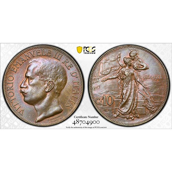 ITALY: Vittorio Emanuele III, 1900-1946, AE 10 centesimi, 1911-R, PCGS MS64 BN