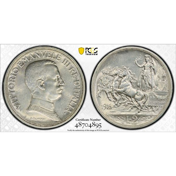 ITALY: Vittorio Emanuele III, 1900-1946, AR 2 lire, 1916-R, PCGS MS62