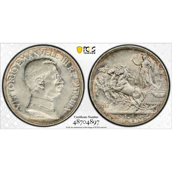 ITALY: Vittorio Emanuele III, 1900-1946, AR lira, 1917-R, PCGS MS62