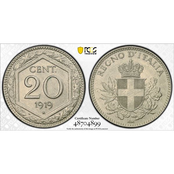 ITALY: Vittorio Emanuele III, 1900-1946, 20 centesimi, 1919-R, PCGS MS64