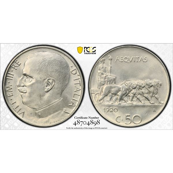 ITALY: Vittorio Emanuele III, 1900-1946, 50 centesimi, 1920-R, PCGS MS64