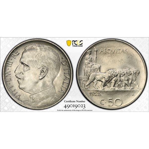 ITALY: Vittorio Emanuele III, 1900-1946, 50 centesimi, 1925-R, PCGS MS64