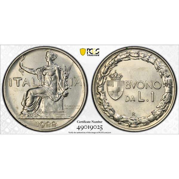 ITALY: Vittorio Emanuele III, 1900-1946, 1 lira, 1922-R, PCGS MS64