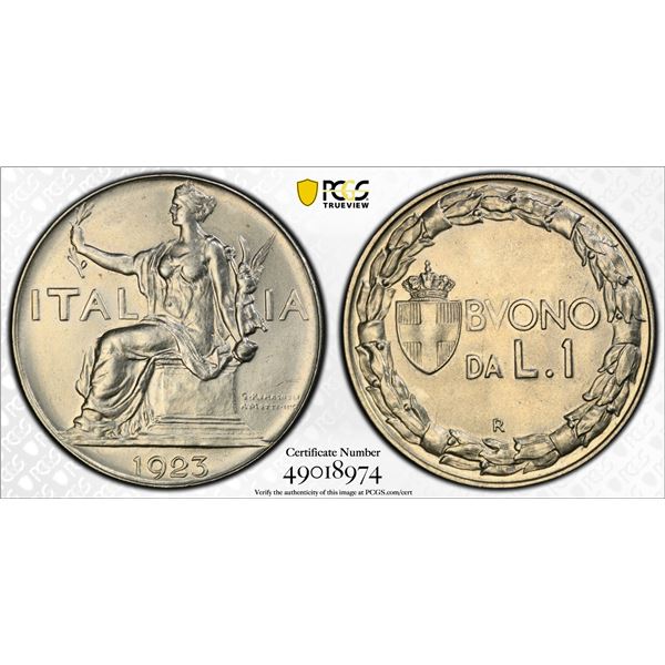 ITALY: Vittorio Emanuele III, 1900-1946, 1 lira, 1923-R, PCGS MS64