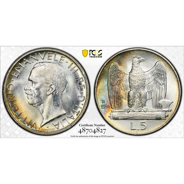 ITALY: Vittorio Emanuele III, 1900-1946, AR 5 lire, 1930-R, PCGS MS65