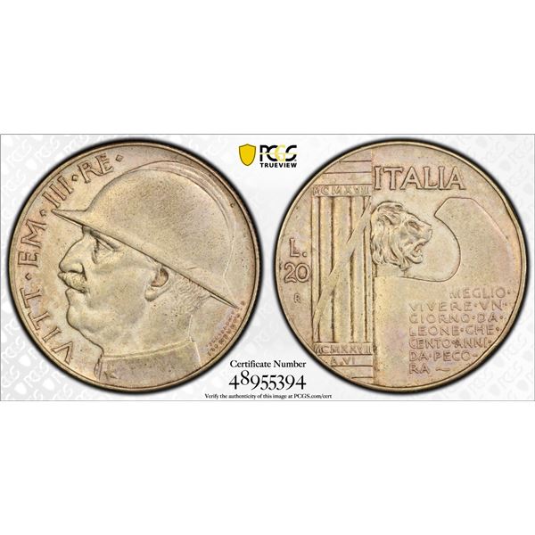 ITALY: Vittorio Emanuele III, 1900-1946, AR 20 lire, 1928-R year VI, PCGS AU53