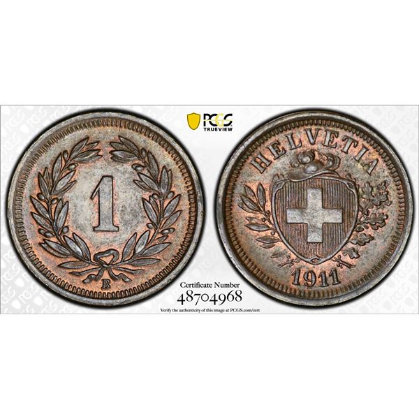 SWITZERLAND: Confederation, AE rappen, 1911-B, PCGS MS65 BN