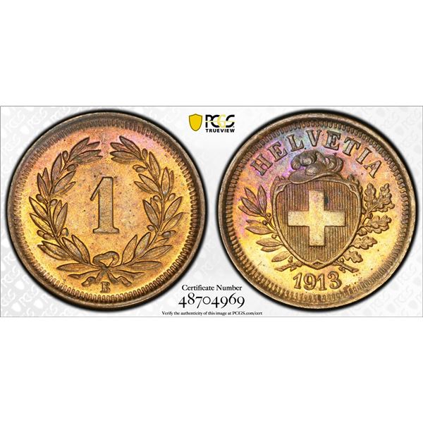 SWITZERLAND: Confederation, AE rappen, 1913-B, PCGS MS65 RB