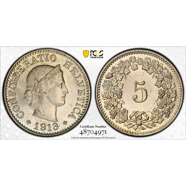 SWITZERLAND: Confederation, 5 rappen, 1913-B, PCGS MS65