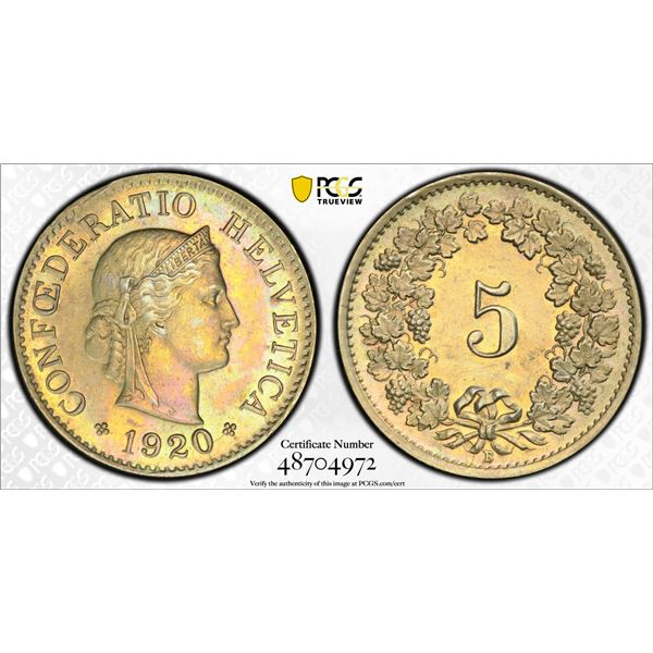 SWITZERLAND: Confederation, 5 rappen, 1920-B, PCGS MS64
