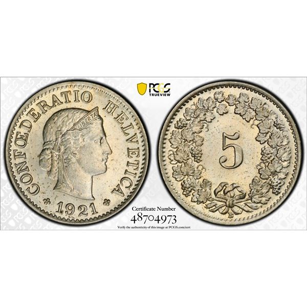 SWITZERLAND: Confederation, 5 rappen, 1921-B, PCGS MS64