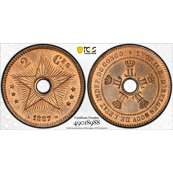CONGO FREE STATE: Leopold II, 1885-1909, AE 2 centimes, 1887, PCGS MS65 RB