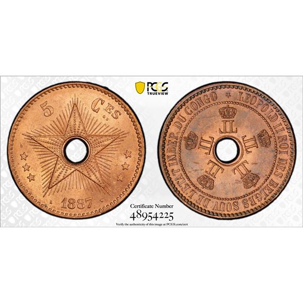 CONGO FREE STATE: Leopold II, 1885-1909, AE 5 centimes, 1887, PCGS MS64 RB