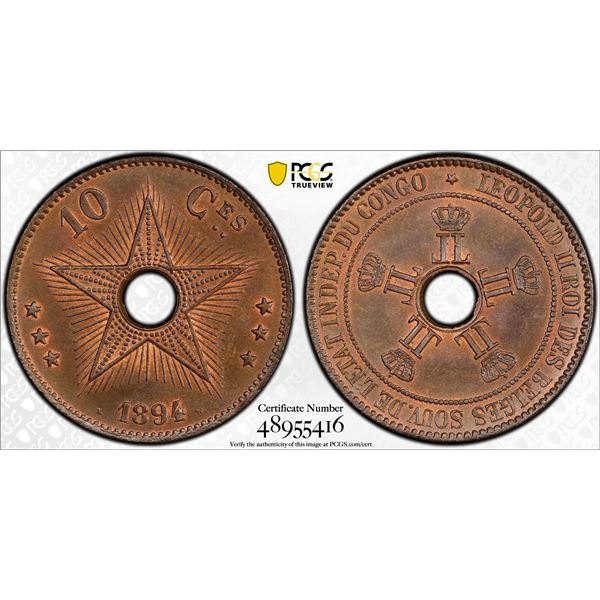 CONGO FREE STATE: Leopold II, 1885-1909, AE 10 centimes, 1894, PCGS MS64 BN