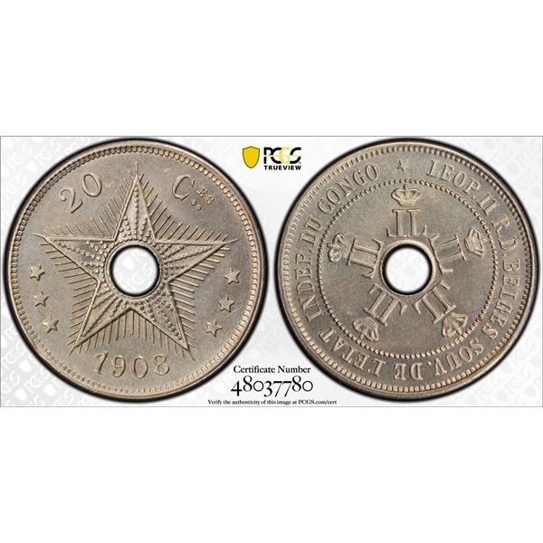 CONGO FREE STATE: Léopold II, 1865-1909, 20 centimes, 1908, PCGS MS65