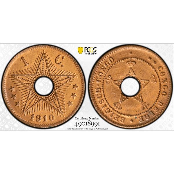 BELGIAN CONGO: Albert I, 1909-1934, AE centime, 1910, PCGS MS65 RB