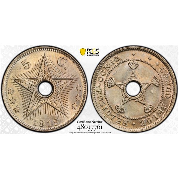 BELGIAN CONGO: Albert I, 1909-1934, 5 centimes, 1919 (H), PCGS MS65
