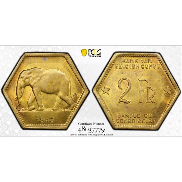 BELGIAN CONGO: Léopold III, 1934-1950, 2 francs, 1943, PCGS MS64